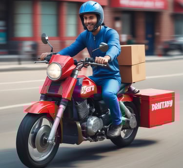 A motorcycle delivery person is riding through a snowy urban street, dressed in dark, weather-proof clothing and carrying a large delivery box. Snowflakes are gently falling, and the ground is wet and reflective. In the background, there are parked cars, a white booth with graffiti, and buildings with shop signs.