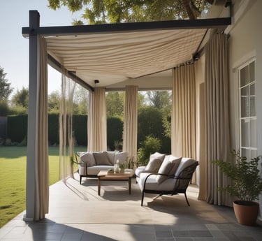 An outdoor seating area with bamboo blinds partially rolled down, revealing colorful chairs underneath. The structure has a tiled roof and is supported by vertical stone pillars. Sunlight casts shadows on the bamboo blinds, creating a warm and inviting ambiance.