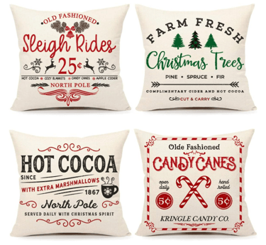 set of 4 Christmas pillow covers in cream with Christmas designs and words