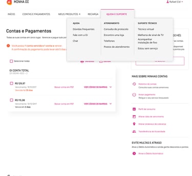 Menu ajuda e suporte Minha Oi