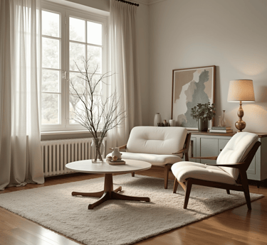 Serene mid-century modern living room with minimalist furniture, including a white armchair and loveseat, wooden coffee table