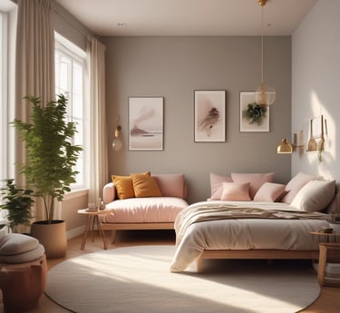 a living room with a chair and a table with a plant on it