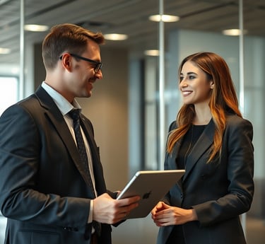 a man and woman in business attire standing in a room