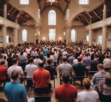 A diverse group of people worshiping together in a bright, open space.