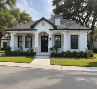 Elegant gray and white luxury senior home with a cozy fireplace, large screen TV, and a private backyard seating area.
