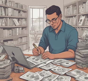 A person reading a financial book in a cozy setting.