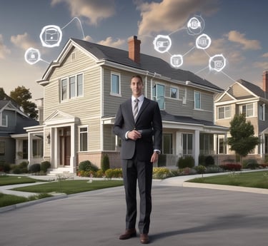 a man in a suit standing in front of a house