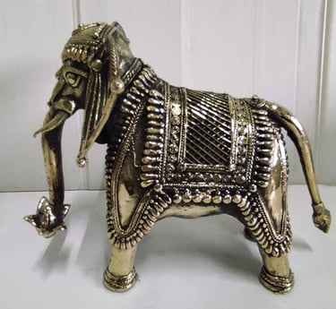 "Brass elephant calf in aggressive stance with carved patterns-for export compliance"
