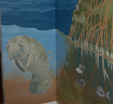 Underwater wall mural of mangroves, fish, and manatee found at Wheedon Island, Pinellas County, FL