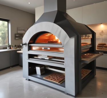 A brick oven setup in a bakery with a rustic interior. Baked goods are placed on metal racks to the left, and a roll of paper towel hangs from the ceiling. The space is lit through a skylight and a small window, casting light on the oven area, which has various baking tools and supplies around it.