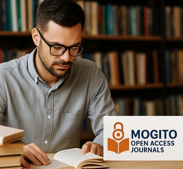 "Man reading a book in a library with the Mogito Open Access Journals logo in the corner."
