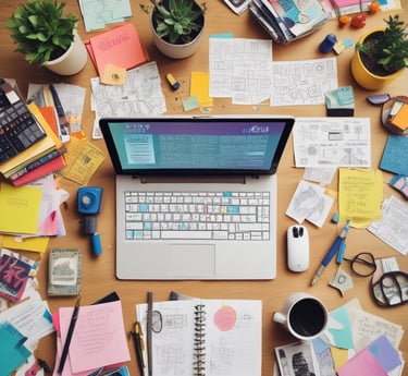 An open notebook with sketches and wireframes drawn on its pages, resting on a surface with a soft focus in the background. The pages display various design layouts and diagrams.