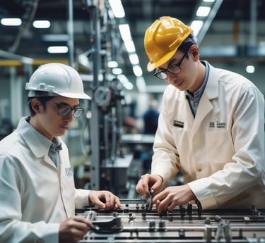 A diverse team collaborating around a table with blueprints and laptops, showing teamwork and innovation.