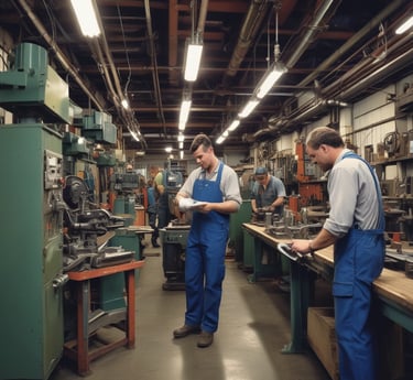 A skilled metalworker carefully inspecting a precision-machined metal part in a bright workshop.