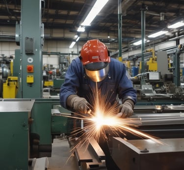 A diverse team collaborating around a table with blueprints and laptops, showing teamwork and innovation.