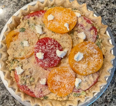 layers of corn and tomato pie with goat cheese