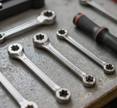 A craftsman carefully inspecting a high-quality tool in a bright workshop.