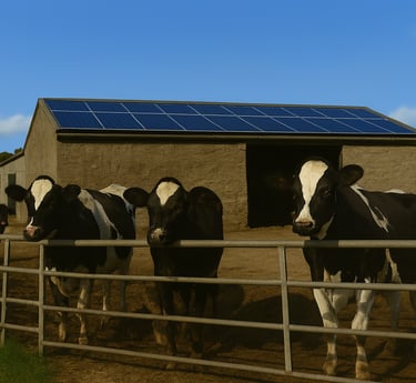 a group of cows standing in a barnyard in front of a building with solar panels on