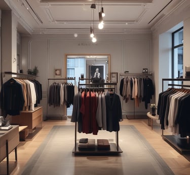 A modern retail store featuring sleek wooden furnishings and curved wooden ceiling designs. Several laptops and electronic devices are displayed on minimalist wooden tables. The store has large glass windows allowing natural light to illuminate the interior. Customers are seen browsing the products.