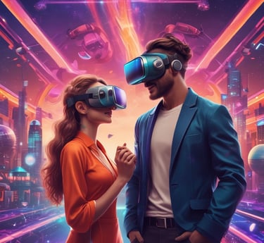 A person is wearing a virtual reality headset and holding a motion controller device, standing in a room with a large screen displaying a virtual environment. The setting suggests a modern, high-tech atmosphere.