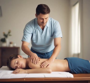 A person is giving a massage in a dimly lit room. The focus is on the hands applying pressure on the back of the individual lying down. The atmosphere appears calm and therapeutic.