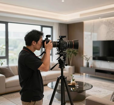 Portrait of Arq. Edgar Chesa working on an interior design project with digital tools in a modern studio.