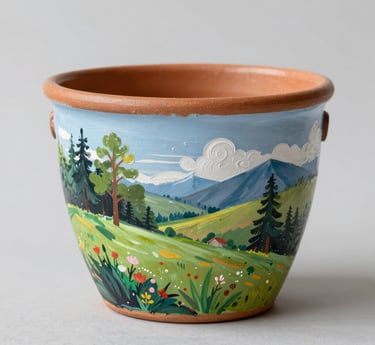A close-up of a handcrafted ceramic pot with a unique glaze, sitting on a rustic wooden table.