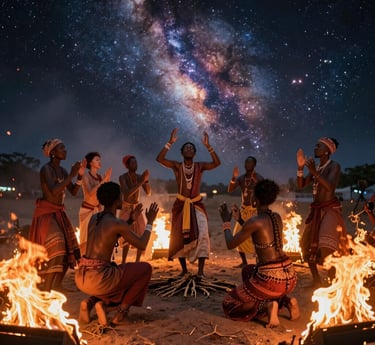 A serene gathering of diverse indigenous Black elders sharing stories around a fire under a starlit sky.