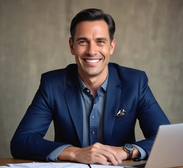 Professional advisor consulting with clients over a laptop in a bright Málaga office.