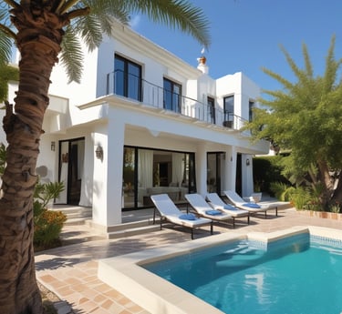 A welcoming handshake between a client and advisor overlooking a luxury villa on the Costa del Sol coastline.