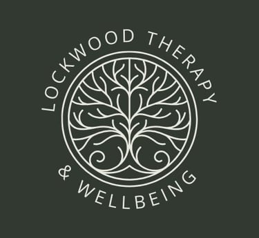 Logo for Lockwood Therapy and Wellbeing, dark forest green background with a white circular logo