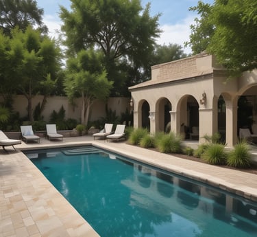 A serene backyard featuring a newly installed vinyl pool with a veteran proudly standing beside it.