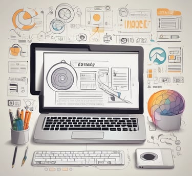 A laptop computer with a website displayed on the screen featuring the text 'Exceptional Web Application design & development'. The laptop is on a dark surface, and the website has a clean and modern design with a light background and colorful text elements.