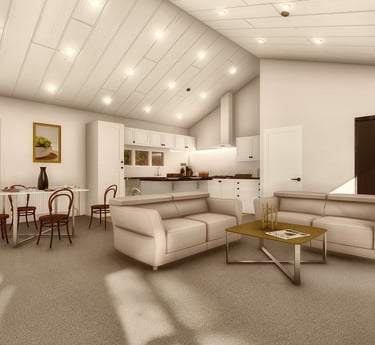 Modern open-concept living room and kitchen interior with neutral decor, vaulted ceilings, and natural light.