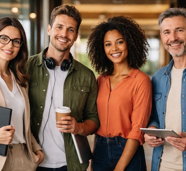 Diverse team of smiling business professionals standing together in a modern office hallway.