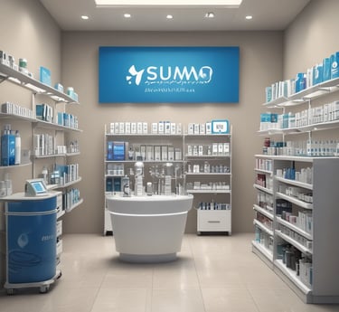 A shop window display featuring various toiletries and personal care products. Items include boxed perfumes, a candle, bath salts, and various bottles of lotions and creams. The presence of a dentist's tooth model and toothpaste at the forefront adds a focus on dental care. The word 'DRUG' is prominently displayed on the glass, suggesting a pharmacy or apothecary setting.
