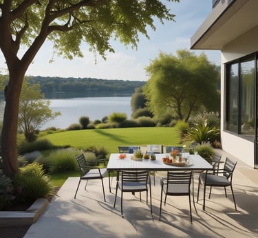 A beautifully arranged outdoor seating area with stylish furniture surrounded by lush greenery.
