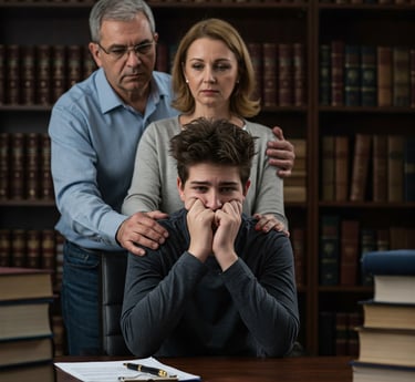 Un adolescente e la sua famiglia preoccupati dall'avvocato penalista