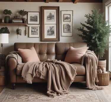 A cozy living room featuring a beautifully draped chunky knit blanket on a plush sofa.