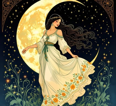 A celestial woman in a white dress with a moon in the background