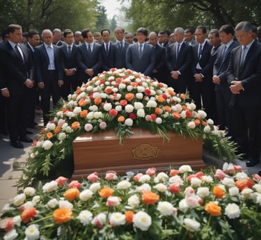 trauergäste beten vor einem sarg mit blumenschmuck