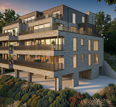 Modern grey brick apartment building with tiered balconies and luxury architecture at sunset.