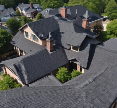 An industrial-style rooftop with a ventilation pipe against a backdrop of a cloudy sky. A prominent yellow caution sign warns of asbestos roofing material.