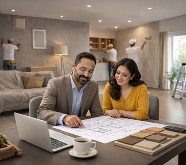 A couple reviews architectural blueprints for a home renovation while contractors paint in the background.