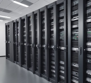 A digital rendering depicting a tall, metallic server rack positioned centrally on a platform. The server appears to have multiple blue-lit slots. Surrounding the rack, there are several stacks of cylindrical objects resembling databases or storage units, all set against a dark background.
