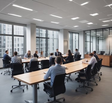 A modern office building with large glass windows. In front of the building, there is a green sign with a plug symbol and the letters 'EY'. Surrounding the area are neatly trimmed bushes.