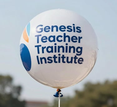 A three-story building is situated on a grassy field, featuring a pale orange facade with blue accents around doors and windows. Several plants are aligned in front of the building. A sign indicates that it is the Shilbadrar Teachers Training Institute.