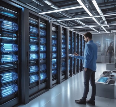Technician installing fiber optic cables in a server room.