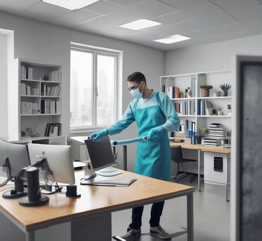 Professional cleaner sanitizing an office workspace
