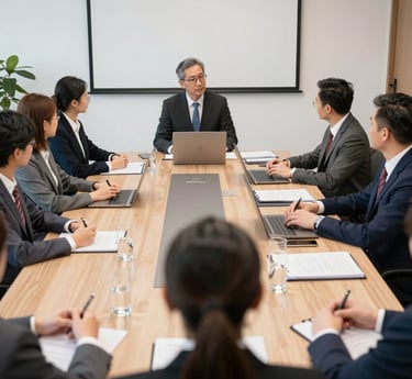 A friendly consultant discussing business with a Korean supplier over a laptop.